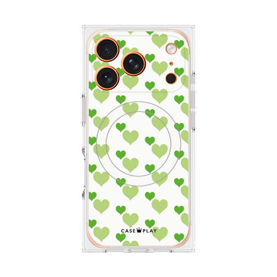 プレミアムスクエアケース with MagSafe［ Stripe Hearts - Green ］