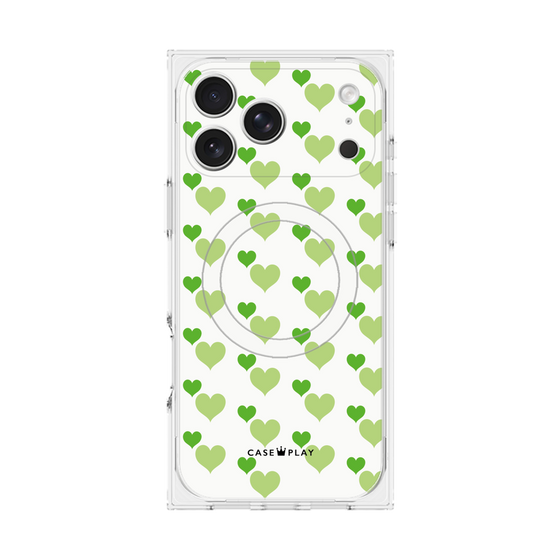 プレミアムスクエアケース with MagSafe［ Stripe Hearts - Green ］