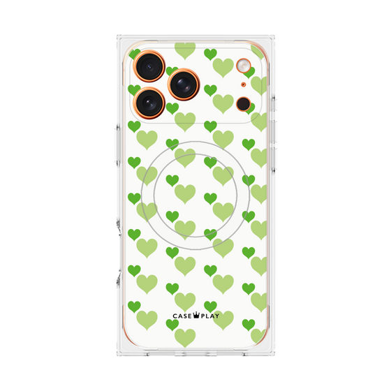 プレミアムスクエアケース with MagSafe［ Stripe Hearts - Green ］