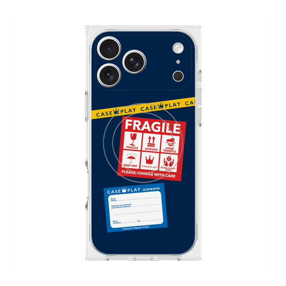 プレミアムスクエアケース with MagSafe［ FRAGILE Stickers - Navy ］