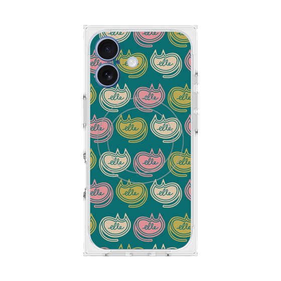 プレミアムスクエアケース with MagSafe［ ELLE - Cat Pattern - グリーン ］
