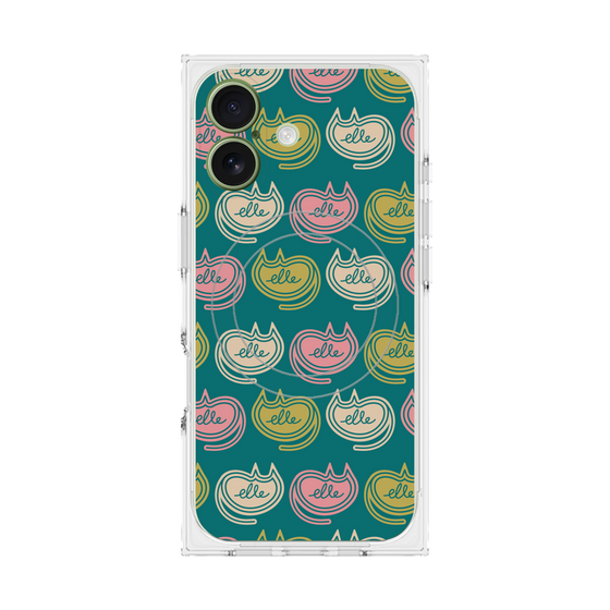 プレミアムスクエアケース with MagSafe［ ELLE - Cat Pattern - グリーン ］