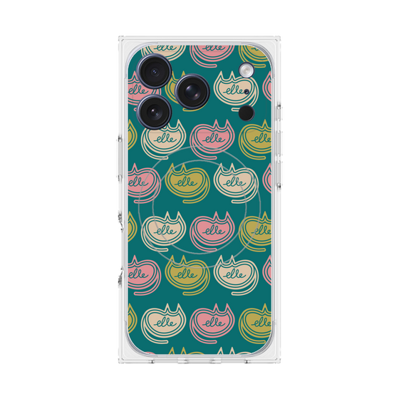 プレミアムスクエアケース with MagSafe［ ELLE - Cat Pattern - グリーン ］