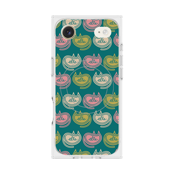 プレミアムスクエアケース with MagSafe［ ELLE - Cat Pattern - グリーン ］