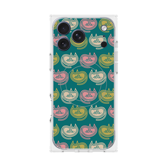 プレミアムスクエアケース with MagSafe［ ELLE - Cat Pattern - グリーン ］