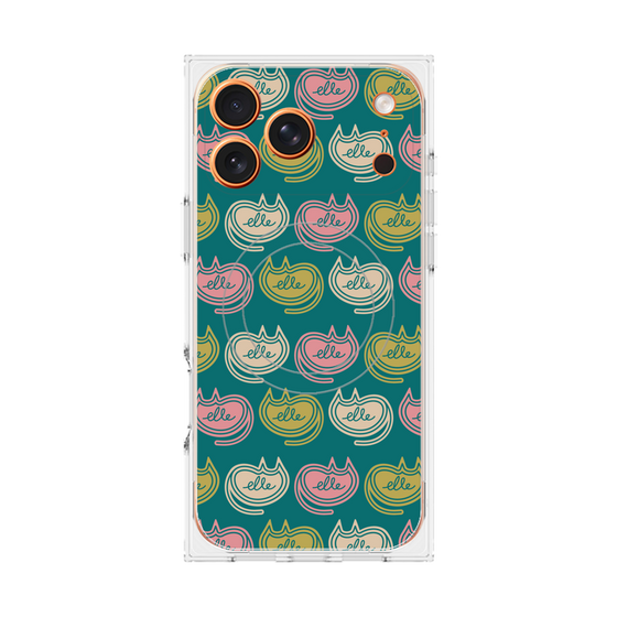 プレミアムスクエアケース with MagSafe［ ELLE - Cat Pattern - グリーン ］